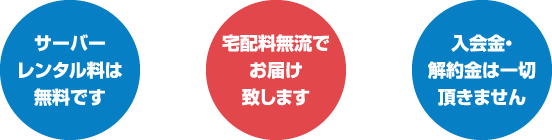 サーバーレンタル料は無料です／送料無料でお届けいたします／入会金・解約金は一切いただきません。